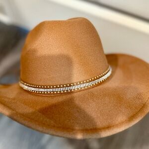 Gold and Brown Wide-Brim Hat with Decorative Band